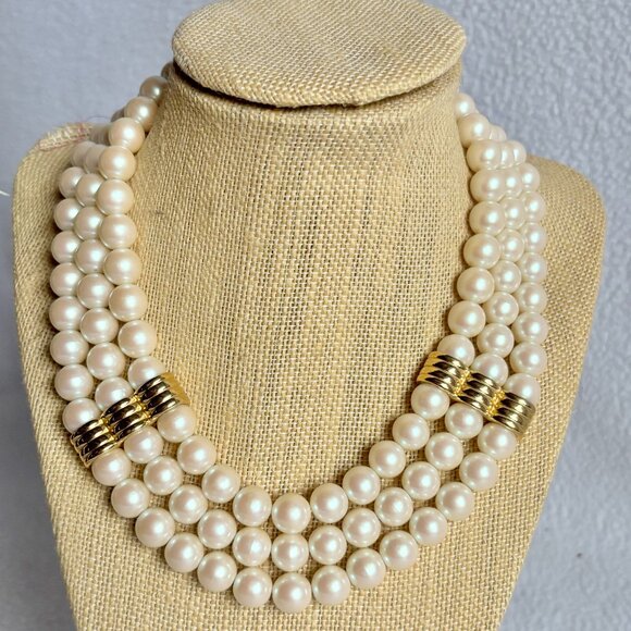 3-Strand Faux Pearl Necklace with Gold Tone Accents - Picture 1 of 6